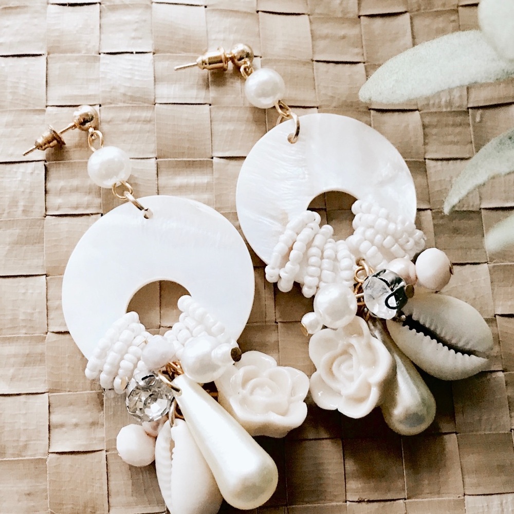 Pearl big earrings, flower earrings, statement earrings, cowrie shell